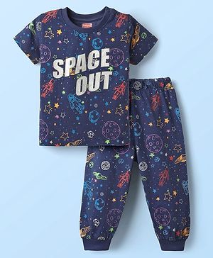 Babyhug Cotton Knit Half Sleeves Night Suit With Space Theme Print - Navy Blue