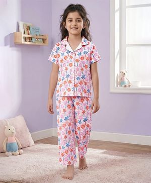 Pine Kids Single Jersey Knit Half Sleeves Floral & Beach Theme Printed Front Open Co-Ords Capri Night Suit - Multi Colour