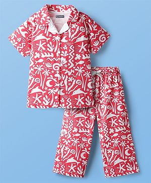 Pine Kids Single Jersey Knit Half Sleeves Co-ords Capri Night Suit With Tropical Theme Print - Red