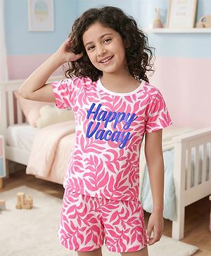 Pine Kids 100% Cotton Bio Washed Half Sleeves Shorts Night Suit With Leaves Print - White & Pink