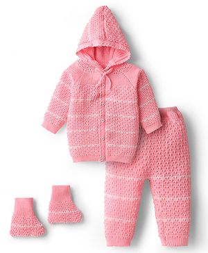 Babyhug Knit Full Raglan Sleeves Front Open Hooded Sweater Set with Booties & Stripes - Pink