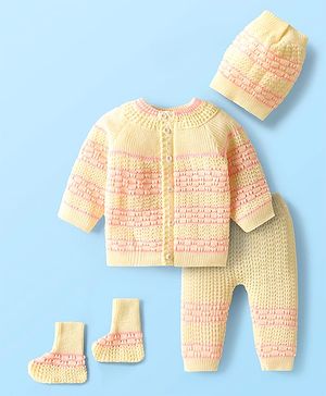 Babyhug Knit Full Sleeves Front Open Sweater Set with Stripe Designed Cap & Booties - Pink & White