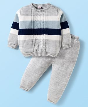 Babyhug Knit Full Sleeves Sweater Set with Stripes & Cable Knit Design - Grey & Light Blue