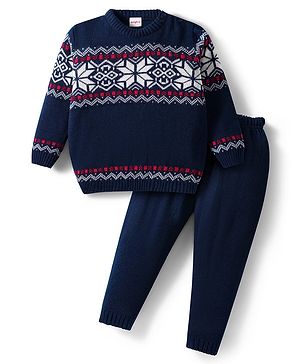 Babyhug Knit Full Sleeves Pullover Sweater & Pant Set with Fair Isle Design - Navy Blue