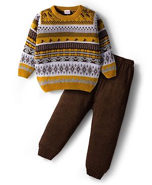 Babyhug Knit Full Sleeves Pullover Sweater & Pant Set with Fair Isle Design - Mustard & Brown