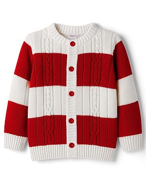 Babyhug Knit Full Sleeves Front Open Sweater With Stripes Design- Red & White