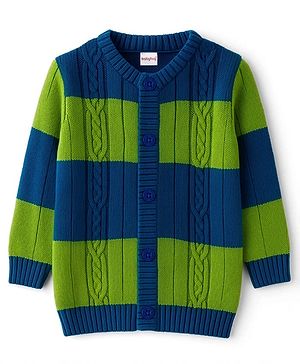 Babyhug Knit Full Sleeves Front Open Sweater With Stripes Design- Blue & Green