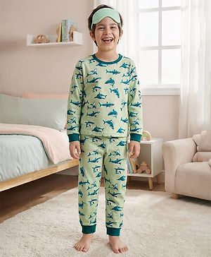 Pine Kids Single Jersey Knit Full Sleeves Co-Ord Night Suit With Shark Print - Lime Green