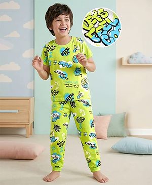 Pine Kids Single Jersey Knit Half Sleeves Co-ords Night Suit with Text Print - Neon Green