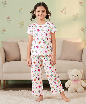 Pine Kids Single Jersey Knit Half Sleeves Co-ords Night Suit With Floral Print - White