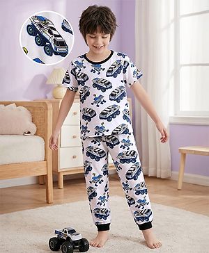 Pine Kids Single Jersey Knit Half Sleeves Co-ords Night Suit With Vehicle Print - White