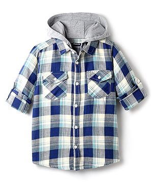 Pine Kids Cotton Woven Full Sleeves Hooded Shirt with Checks Print - Blue