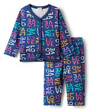 Babyhug Single Jersey Knit Full Sleeves Front Open Top & Lounge Pant  Co-Ord Set With Love Print - Navy Blue