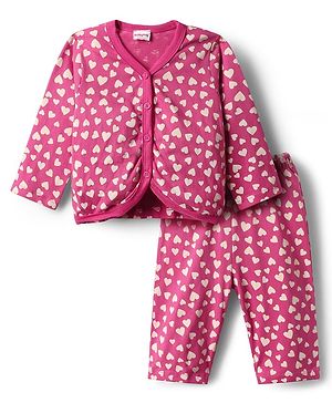 Babyhug Single Jersey Knit Full Sleeves Front Open Hearts Printed Top & Pant Set - Dark Pink