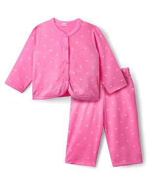 Babyhug Single Jersey Knit Full Sleeves Front Open Polka Dots Printed Top & Pant Set - Dark Pink