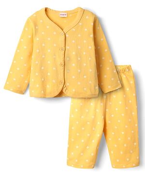 Babyhug Single Jersey Knit Full Sleeves Front Open Top & Lounge Pant Co-Ord Set With Polka Dot Print - Yellow
