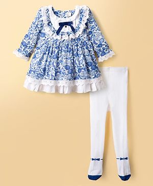 ToffyHouse Cotton Woven Full Sleeves Frock With Floral Print & Leggings - Blue & White