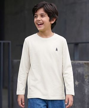 Pine Kids Cotton Knit Full Sleeves Solid T-Shirt with Brand Logo - White