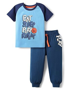 Babyhug Cotton Knit Half Raglan Sleeves Night Suit with Text Print - Navy Blue