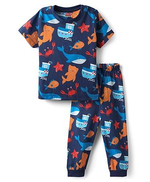 Babyhug Cotton Knit Half Sleeves Co-ords Night Suit With Fish Print - Navy Blue