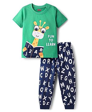 Babyhug Cotton Knit Half Sleeves Night Suit With Text & Animal Print - Green & Navy Blue
