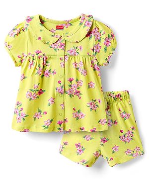 Babyhug Cotton Knit Half Sleeves Co-ord Shorts Night Suit With Floral Print - Yellow
