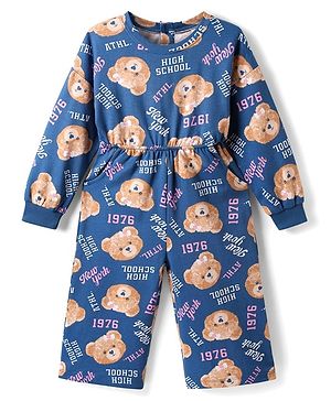 Babyhug Cotton Knit Full Sleeves Jumpsuit with Bear Print - Blue