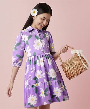 Pine Kids 100% Cotton Three Forth Sleeves Frock With Collar Neck Floral Print - Purple