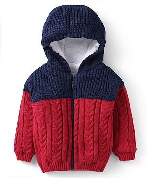 Babyhug Knit Full Sleeves Fur Lined Hooded Sweater With Cable Knit Design - Red