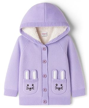 Babyhug Knitted Full Raglan Sleeves Hooded Front Open Sweater With Bunny Pockets - Lilac