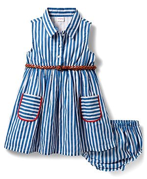 Babyhug Single Jersey Knit Collar Neck Sleeveless Striped Frock With Bloomers & Belt - Blue