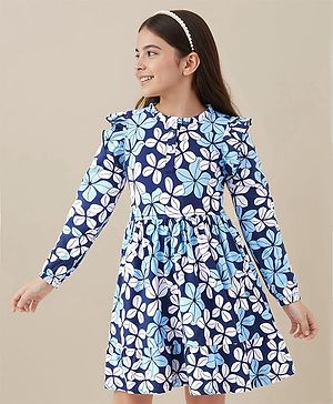 Pine Kids Cotton Knit Full Peasant Sleeves Frock With Floral Print - Blue