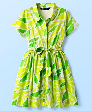 Pine Kids 100% Cotton Half Sleeves Frock With Tropical Theme Print - Lime Green