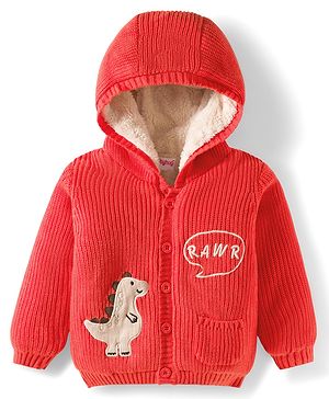 Babyhug Knit Full Sleeves Front Open Hooded Sweater with Dino Embroidery - Orange
