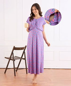 Bella Mama Cotton Knit Half Sleeves Side Zipper Star Print Nighty - Lavender