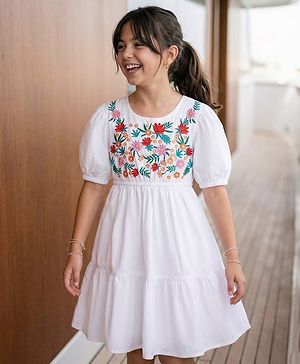 Pine Kids 100% Cotton Half Sleeves Floral Embroidered Frock - White