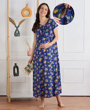 Bella Mama 100% Cotton Half Sleeves
                              Floral Printed Concealed Zipper Nursing
                              Nighty - Royal Blue