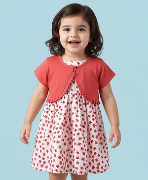Babyhug Cotton Woven Half Sleeves Floral Printed Frock With Jacket - Red & White