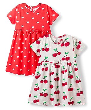 Babyhug Single Jersey Knit Half Sleeves Frocks With Bow & Tropical Theme Pack Of 2 - Red & White
