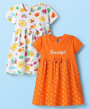 Babyhug Single Jersey Knit Half Sleeves Frocks with Butterfly & Polka Dots Print Pack of 2 - Orange & White