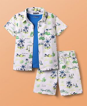 Pine Kids Single Jersey Knit Half Sleeves Shirt & Shorts Co-Ord Set With Inner Tee & Tree Print - White & Blue