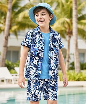Pine Kids Single Jersey Knit Half Sleeves Shirt & Shorts Co-Ord Set With Inner Tee & Leaf Print - White & Blue