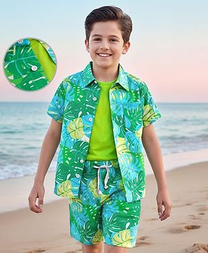 Pine Kids Single Jersey Knit Half Sleeves Shirt & Shorts Co-Ord Set With Inner Tee & Leaf Print - Green