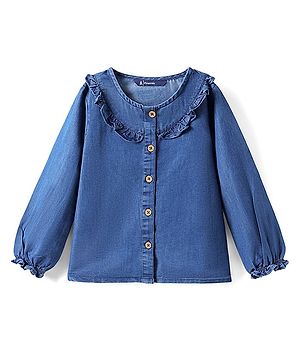 Pine Kids Cotton Woven Full Sleeves Front Open Top with Frill Detailing At the Neck - Navy Blue