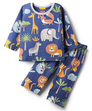Babyhug Single Jersey Knit Full Sleeves T-Shirt & Lounge Pant Co-Ord Set With Animal Print - Navy Blue