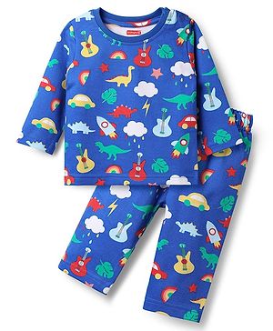 Babyhug Single Jersey Knit Full Sleeves Co-ords T-Shirt & Lounge Pant Set with Tropical Theme Print - Blue