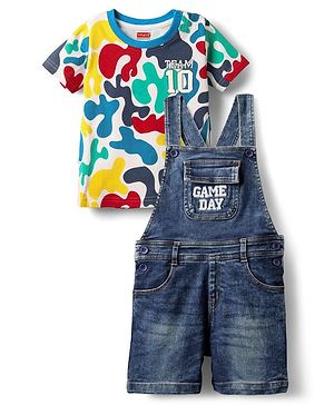 Babyhug Single Jersey Knit Half Sleeves Abstract Printed T-Shirt With Dungaree Set - Multicolour