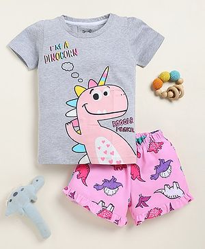 Little Marine Cotton Half Sleeves Dinosaur Printed Tee With Shorts Set - Grey & Pink