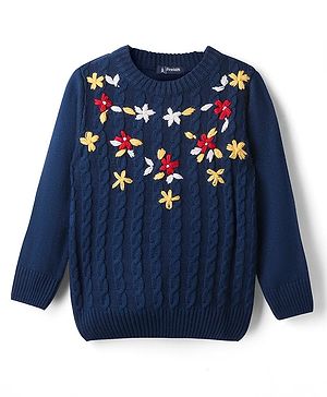 Pine Kids Knit Full Sleeves Pullover Sweater With Floral & Cable Knit Design - Navy Blue