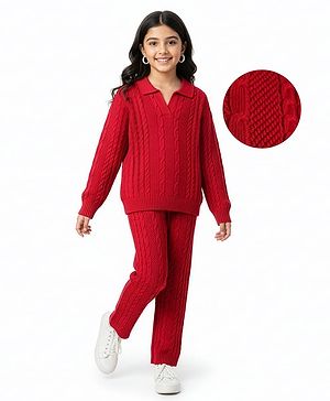 Pine Kids Knit Full Sleeves Solid Collar Neck Sweater Set with Cable Knit Design - Dark Red